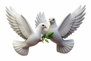 Two Floating Doves with Olive Branches Isolated: Symbolizing Peace and Freedom for Human Rights Day - A Captivating Wide Shot Representation