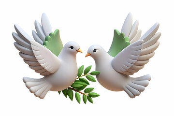 Flat Vector Illustration of Two Floating Doves Holding Olive Branches Symbolizing Peace and Freedom for Human Rights Day - Weightless Concept on White Background