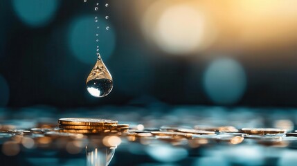 Coin shaped like a droplet of water falling into a pool of savings, liquidity, investment concept