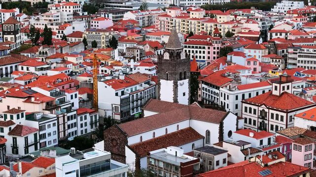 Cathedral of the Diocese of Funchal on Madeira island, Aerial cityscape downtown with Cathedral and houses roofs