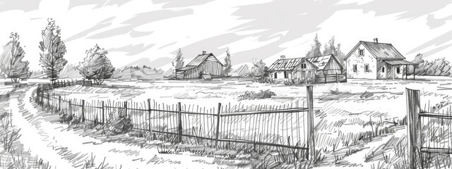 A rural landscape with rustic houses enclosed by a low wooden fence. Sketch illustration.