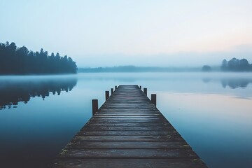 Fototapeta premium Wooden pier leading into a misty lake, serene landscape with blue water and fog