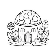 cute mushroom house coloring page for kids, kawaii coloring page, adult coloring book, clipart, outline