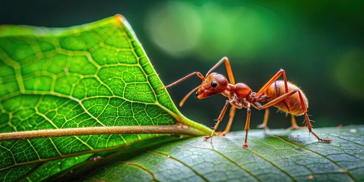 Leaf cutter ant (Atta sp.) carrying green leaf in tropical rainforest near Puerto Viejo de Sarapiqui, Costa Rica