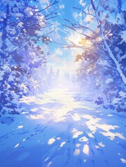 Ethereal Winter Canopy: Sunlight Piercing Through Ice-Covered Snow in Anime-Style Illustration. Captivating Light and Shadow Play for Marketing Campaigns. Enchanting 4K Wallpaper Ideal for Cultural Pr
