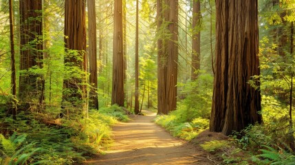 Fototapeta premium Forest path with tall, towering redwood trees