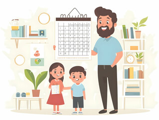 Flat Candid Family Calendar Night: Capturing Joyful Moments of Family Planning for 2025 in a Simple Vector Illustration