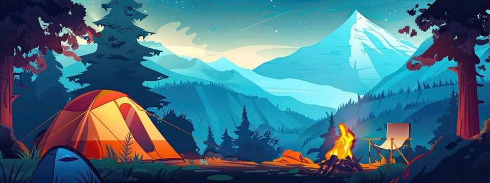 Night landscape camp in a forest with tents and campfire. Cartoon illustration.
