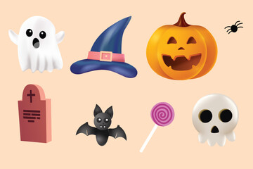 Halloween Festive Elements Pumpkin, Ghost, Spider etc. 3D Halloween Theme Concept Vector Illustration
