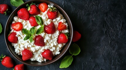 bowl of cottage cheese with strawberries and mint leaves on a dark background, top view with scattered strawberries and herbs, minimal design, clean space for text, healthy breakfast idea