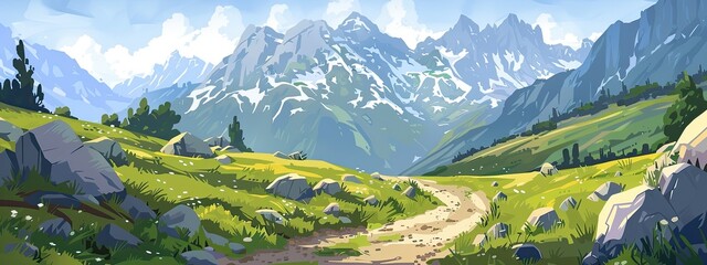 A path in the mountains. Cartoon illustration.
