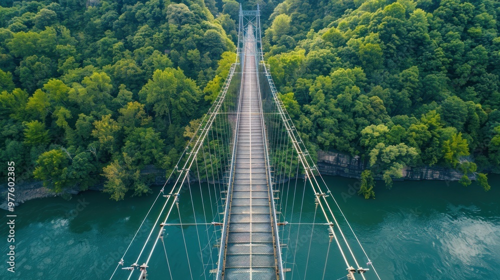 Canvas Prints Suspension Bridge Over River in Lush Forest