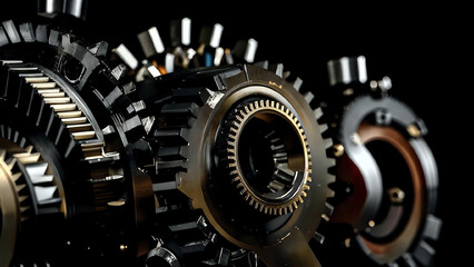 Close-up view of metal gears and cogwheels in industrial machinery. The complex mechanical system is engineered for precision and durability