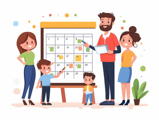 Obraz premium Flat Candid Family Calendar Night Illustration: Capture 2025 Planning Moments with Joyful Interactions and Activities
