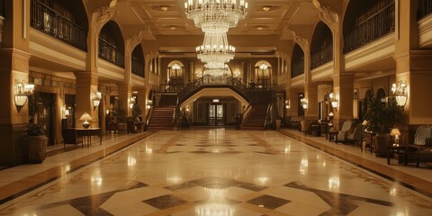 Obraz premium grand hotel with a chandelier lobby 