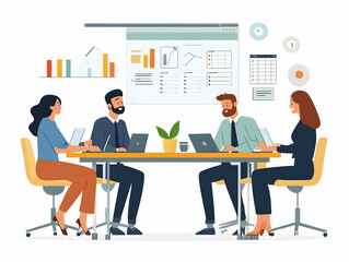 Flat Candid Office Team Meeting Concept: Vector Illustration of Team Collaborating on 2025 Goals with Calendars, Showcasing Teamwork and Smart Business Tone