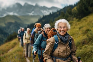 A photo of a group of seniors hiking in the mountains