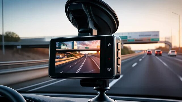 A dynamic car driving scene captured by a dashboard camera, showcasing urban movement and sunset lighting