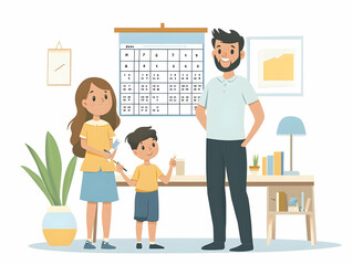 Flat Family Calendar Night: Capturing a Candid Family Moment Planning 2025 Activities with Excitement and Interaction in Simple Vector Illustration
