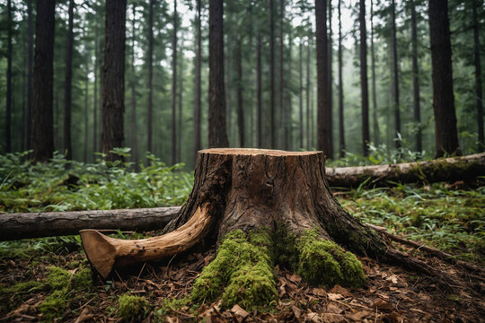 Forest tree stump nearby, symbolizing deforestation