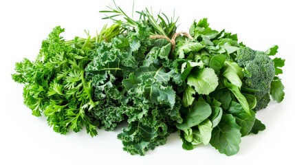 Obraz premium Fresh green leafy vegetable bundle on a white background