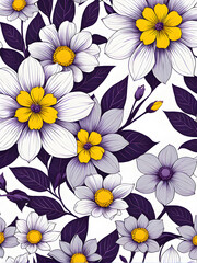 Vibrant Seamless Floral Pattern with Stylized Flowers and Leaves on White Background
