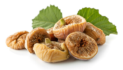 Tasty dried figs and green leaf isolated on white