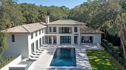 Fototapeta premium Expansive modern villa featuring a serene poolside area surrounded by lush greenery in a tranquil neighborhood setting