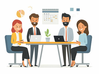 Flat Candid Office Team Meeting Illustration: Team Discussing 2025 Goals with Calendars, Showcasing Collaboration and Teamwork in a Smart Business Tone