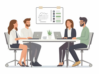 Flat Vector Illustration of a Candid Office Team Meeting Discussing 2025 Goals with Calendars, Showcasing Collaboration and Teamwork