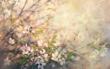 Spring blossoms on branches with soft pastel background. Nature and floral concept for springtime design.