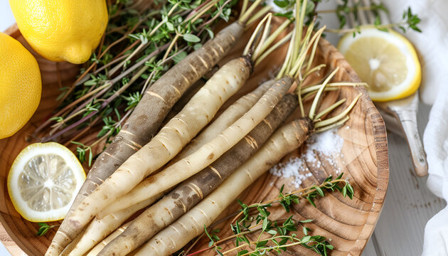 Dish with raw salsify roots, lemon and thyme on white wooden table, closeup. Space for text