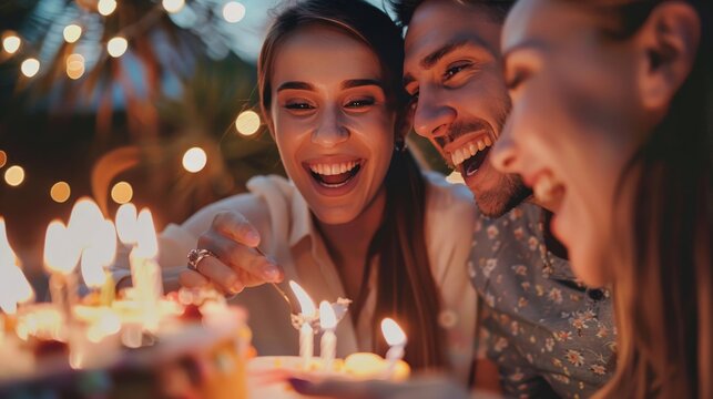 Friends celebrating a birthday with cake and candles