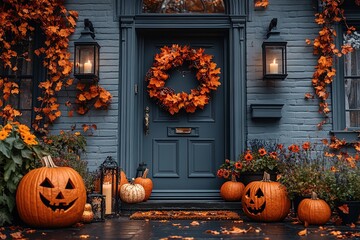 Fototapeta premium Halloween pumpkin decorations. Pumpkin for decorated house. Halloween Decorated at front yard of a American home. Halloween decorated front door with pumpkins.