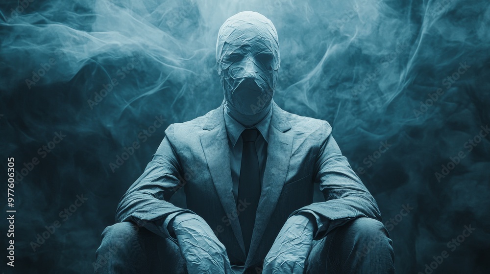 Poster a man in a suit and tie sits in a chair with a mask on his face