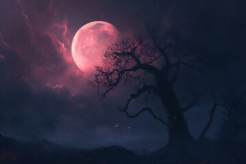 Silhouette of a tree in front of a large pink moon in the night sky