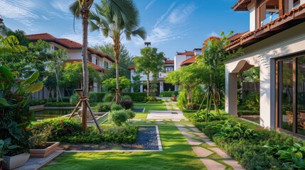 Obraz premium Luxury Villa Garden with Pond and Palm Trees