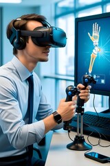 Student Engineer Wearing Virtual Reality Headset Holding Joysticks and Controlling Bionic Limb While Actions Displayed on Screen. Modern Equipment and Computer Science Education in University Concept.