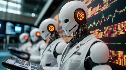 Explore AI-driven stockbrokers amidst vibrant neon graphs, illustrating market volatility and modern trading dynamics in today's financial landscape.