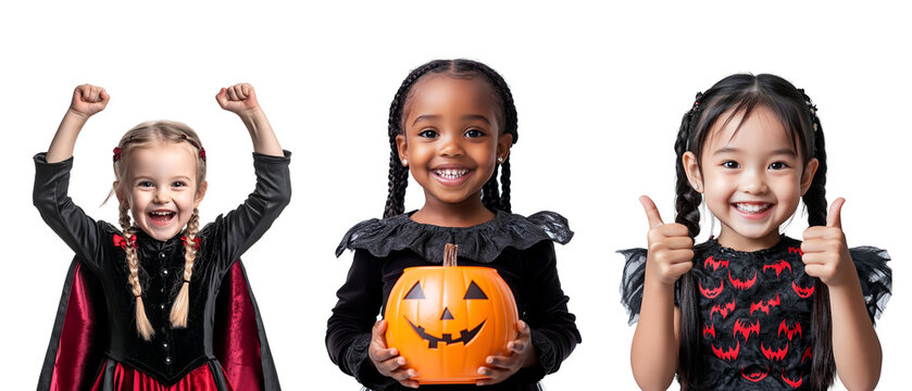 Little girls in Halloween vampire costumes and makeup, celebrating Halloween happily set collection, Isolated on Transparent Background, PNG