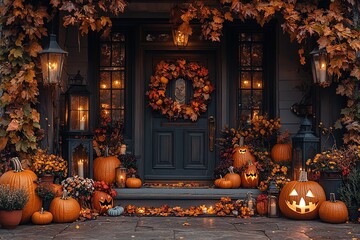 Obraz premium Halloween pumpkin decorations. Pumpkin for decorated house. Halloween Decorated at front yard of a American home. Halloween decorated front door with pumpkins.