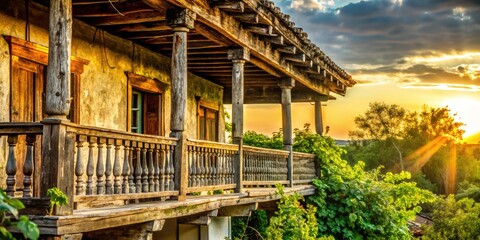 Obraz premium A rustic wooden porch overlooking a lush green valley.