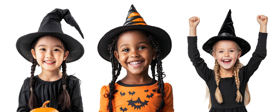 Happy Halloween celebration with little girls in witch costumes and makeup, set collection, Isolated on Transparent Background, PNG