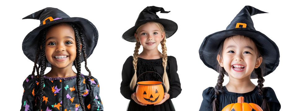 Halloween celebration with a set collection of happy little girls in witch costumes and makeup, Isolated on Transparent Background, PNG