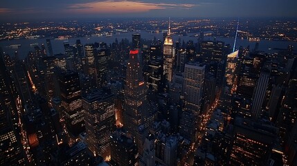 Obraz premium Nighttime skyline view of New York City with illuminated buildings and a colorful sunset casting a glow over the harbor