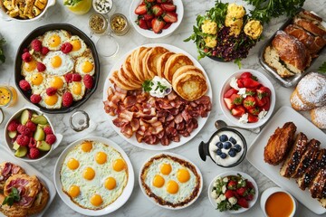 Brunch spread with a variet of dishes pastries. Village Breakfast with pastries, vegetables, greens, spreads, cheeses, fried eggs, jams.
