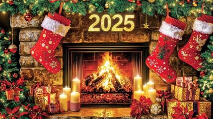 Fototapeta premium Cozy Christmas fireplace decorated for 2025 with stockings, candles, and wrapped gifts, creating a festive holiday atmosphere