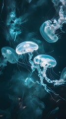 Obraz premium Close-up of jellyfish swimming in dark water.