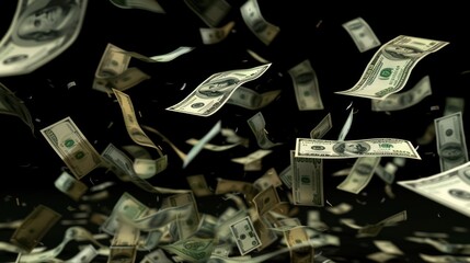 Flying US dollar bills on black background. Money and finance concept for wealth and currency exchange.
