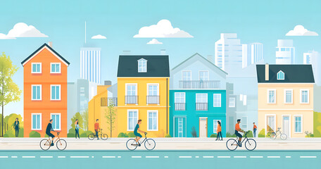 Colorful Suburban Neighborhood with Families and Children Riding Bicycles on a Sunny Day